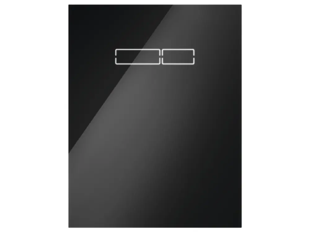 Schwarze Glasoberfläche mit zwei leicht erkennbaren touchsensitiven Schaltern. Produkt von TECE, geeignet für moderne Betätigungssysteme.